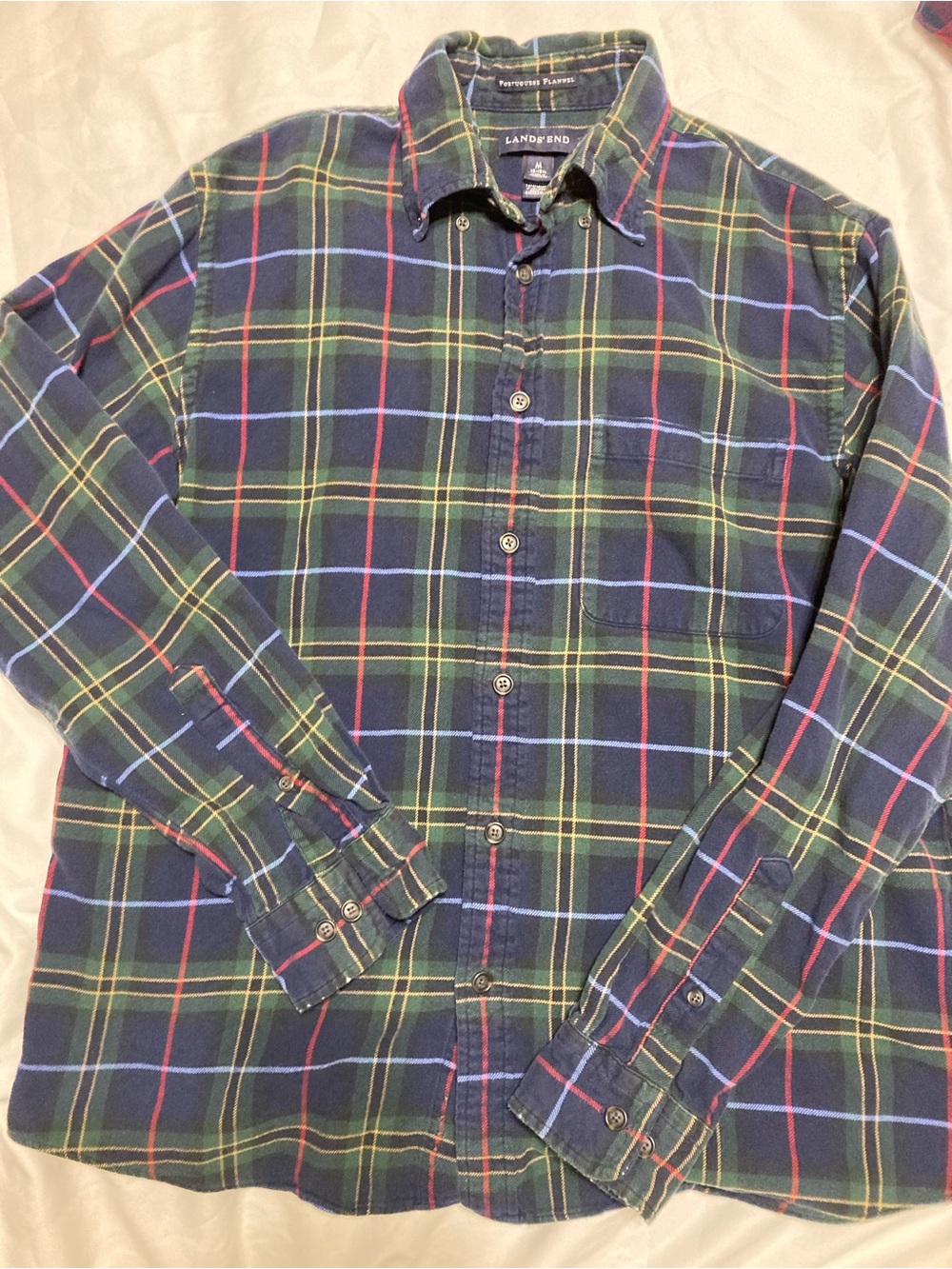 Lands' End Men's Green Navy Red Plaid Button-Down Shirt